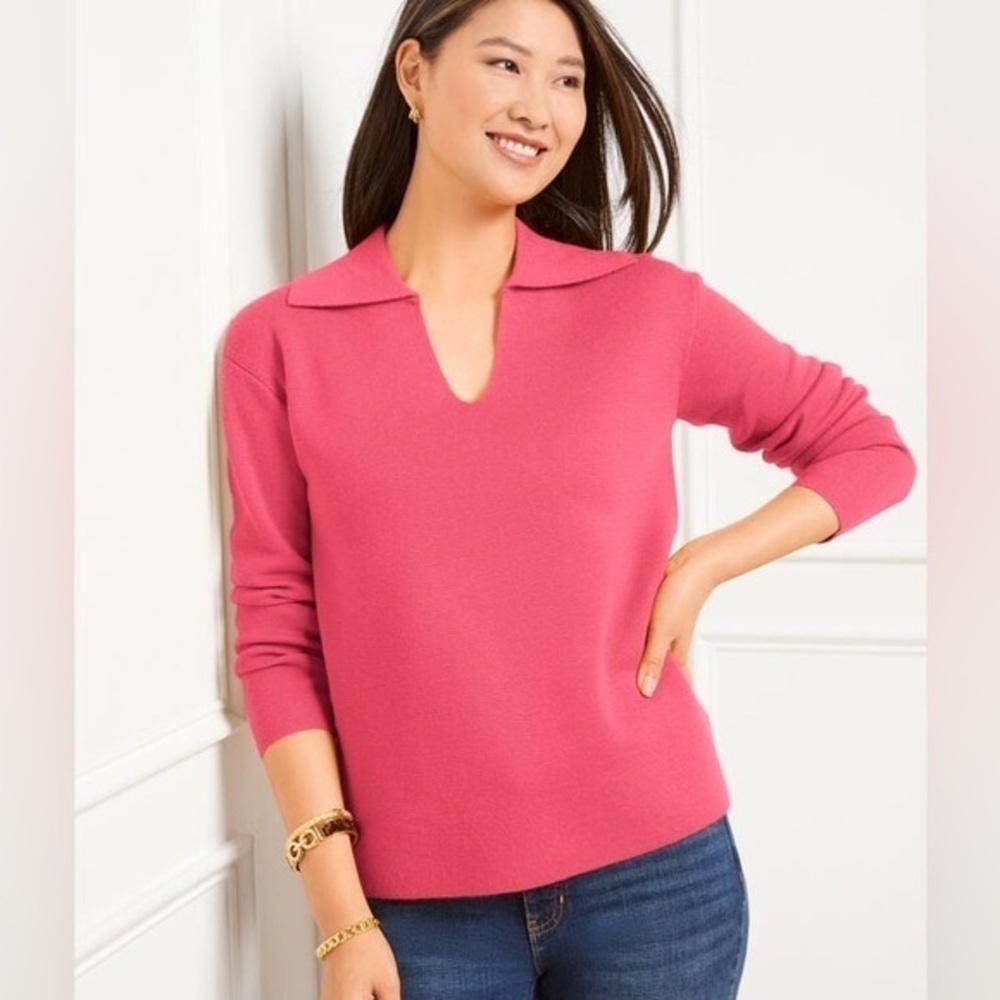 [Talbots] Milano Stitch Johnny Collar Wool Blend Coral Pink Sweater